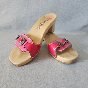 Berkemann Hamburg Germany Wooden Leather Sandals 2.5" Heel Buckle Pink UK6 US8