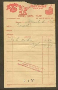 COMB'S COAL YARD INVOICE 1961 - GLASGOW, KY - Picture 1 of 1