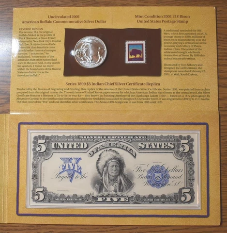 American Buffalo Coin and Currency Set - 2001-D Commem. Silver $ & Onepapa $5 RP Cover