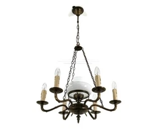 Lampadario in ottone ornato con paralume in vetro bianco Lamp Belge vintage stile Impero - Foto 1 di 12