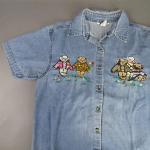Vintage Effeci Denim Shirt Women's Size L Teddy Bear Friends Large Whimsical Y2K - Picture 1 of 14