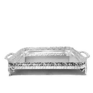 Large Silver Rectangle Serving Tray Platter Raised Feet Metal Plated Paandan New - Picture 1 of 2