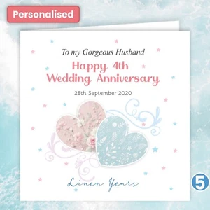 Personalised Linen 4th Wedding Anniversary Card Heart for Wife Husband Couple - Picture 1 of 15