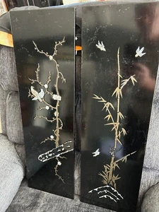 2 VINTAGE Oriental Asian 8"x26" Wall Panels Black Lacquer w/Mother of Pearl EXC- - Picture 1 of 5