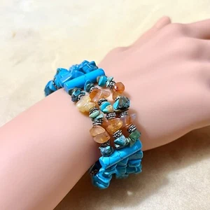 Turquoise & Carnelian Chip Bead Bracelet, Multi Strand Native American Style VTG - Picture 1 of 5