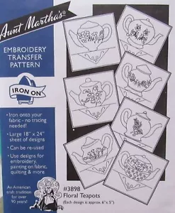 Aunt Martha's 3898 FLORAL TEAPOTS 7 Tea Dish Towels Embroidery Transfer Pattern - Picture 1 of 1