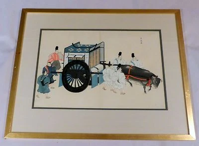 26-дюймовый антикварный японский деревянный блочный принт в рамке с изображением королевского быка паланкина и защитой 1 - Изображение 1 из 4