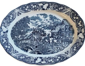 Plato ovalado grande vintage azul y blanco ex. ¡Escena histórica de diligencia con caballos! - Imagen 1 de 13
