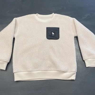 Abercrombie Kids 7/8 Sherpa Pullover Cream Fleece Sweatshirt Logo Pocket - Image 1 of 4