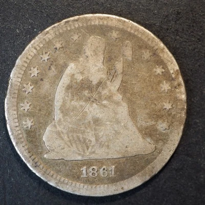 1861 *P* 25c  SEATED LIBERTY  SILVER QUARTER **NICE  ** FREE SHIPPING! M9121 - Image 1 of 2