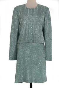 St John Knits Tinsel Skirt Suit Julep Silver Size 10 MSRP $2390 - Picture 1 of 9