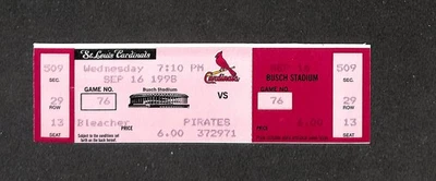 SEPTEMBER 16, 1998 PITTSBURGH PIRATES  @ ST. LOUIS CARDINALS FULL TICKET - Image 1 of 2