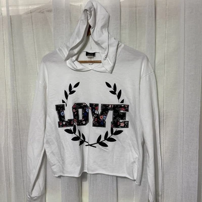 Sudadera con capucha recortada manga larga RUE 21 talla Love blanca Foto 1 de 4