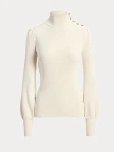 Neu mit Etikett $ 125 Lauren Ralph Lauren cremefarbener gerippter Rollkragenpullover goldene Knöpfe Größe S - Bild 1 von 11