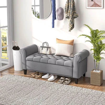 HOMCOM Upholstered Bed Bench, Velvet Effect Bench, Hallway Bench with Storage, Grey - Image 1 of 4