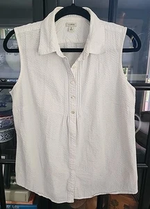 LL Bean Womens Medium White Seersucker Pintuck Button Up Sleeveless Top - Picture 1 of 7