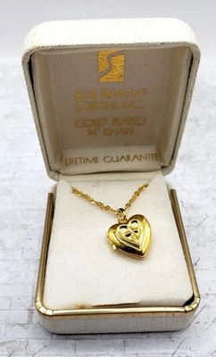 Bob Siemon 14K Gold Filled Cross Heart Locket Pendant Necklace & Box 14” Vintage - Image 1 of 4