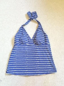 Womens Swim Suit-LANDS' END-blue/white striped stretch halter tankini top-2 - Picture 1 of 5