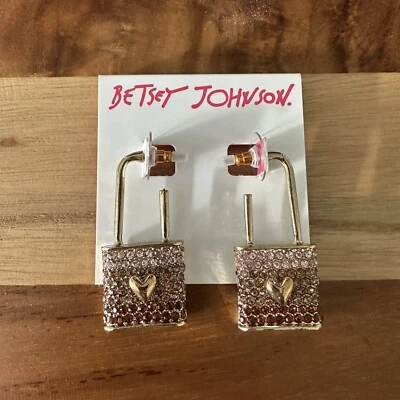 Betsey Johnson Gold Tone One Love Lock Drop Earrings Crystal Accents NWT - Image 1 of 4