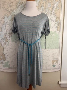 NWT! Calvin Klein Blue Gray Striped Scoop Neck Rope Belted Knit Dress Size 12 - Picture 1 of 13