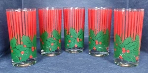 Set of 5 ~ CHRISTMAS DRINKING GLASSES / TUMBLERS ~ Red Stripes and Holly Berries - Picture 1 of 4