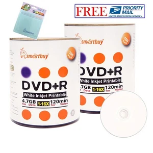 200 Smartbuy 16X DVD+R 4.7GB White Inkjet Printable Disc+ FREE Micro Fiber Cloth - Picture 1 of 4