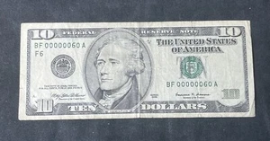1999 $10 FRN Atlanta Fancy Low Two 2 digit serial number 7 of a kind 00000060 - Picture 1 of 3