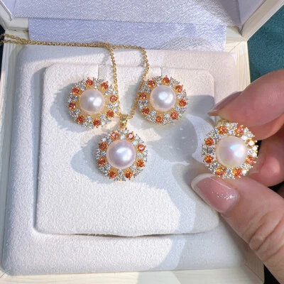 Precioso conjunto de anillos pendientes colgantes de perlas redondas blancas del Mar del Sur AAAA 11-12 mm 925s Foto 1 de 4