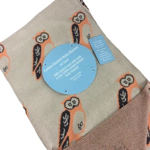 Owl Print Knit Baby Blanket 30x40 Beige Orange Cotton Soft Crib Unisex - Picture 1 of 8
