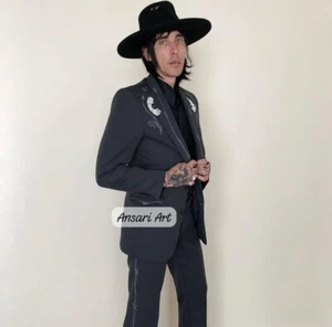 Men Gray 2Pc Bespoke Floral Embroidered Nudie Western cowboy Cocktail Outfit - Picture 1 of 10