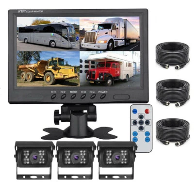 9" QUAD SPLIT MONITOR SCREEN 3x REAR VIEW BACKUP CCD CAMERA SYSTEM FOR TRUCK RV - Image 1 of 4