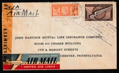 JN DOMINICAN REP. 1943 Cubierta de correo aéreo censurado a EE. UU., La Romana a Pensilvania Foto 1 de 2