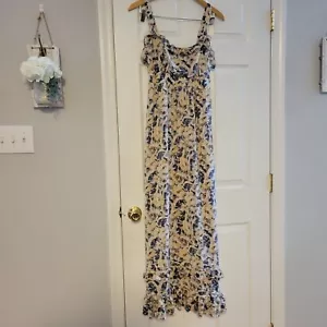 Anthropologie Moulinette Soeurs Cream Silk Maxi dress size 8 Blue Floral - Picture 1 of 16