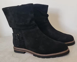 Next Black Suede Leather Womens Wide Fit Zip Fastening Ankle Boots Size 8/42W - Picture 1 of 12