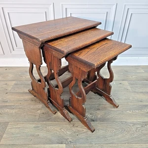 Antique Vintage Solid Oak Nest of 3 Tables – Jacobean Revival - Shaped Supports - Picture 1 of 24