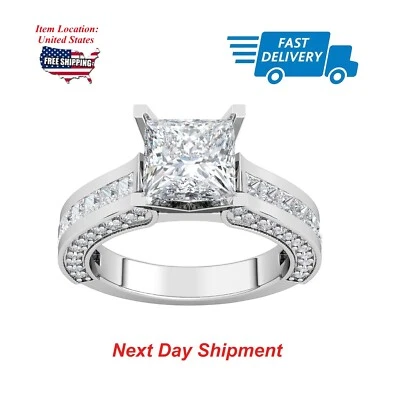 Anel de noivado de prata 3,75 quilates corte princesa CZ solitário pedra lateral tamanho 6,5 - Imagem 1 de 4