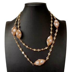 Cultured White Pearl Crystal Pave Station Necklace Gold Plated Cz Chain 39" - Picture 1 of 6