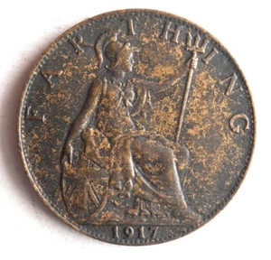 1917 GREAT BRITAIN FARTHING - Excellent Coin - FREE SHIP - Britain Bin #C - Picture 1 of 2
