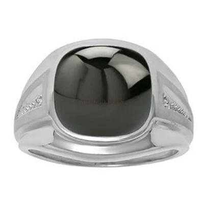Natural Black Onyx Gemstone With 14K White Gold Plated Silver Ring for Men #1146 - Image 1 of 4