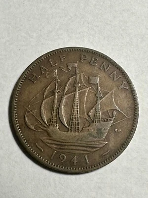 Moneda de bronce del rey Jorge VI 1941 de medio centavo de Gran Bretaña 1/2 penique BN KM#844 EN MUY BUEN ESTADO-XF Foto 1 de 2