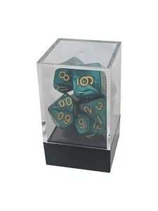 Juego de dados poliédricos de perlas verdes con números dorados - Imagen 1 de 2