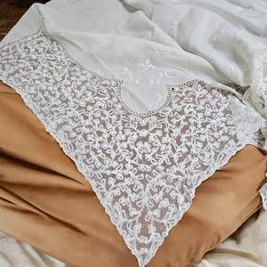 Antique Monogrammed Linen Bobbin Lace 96" x 62" White Bed Covering Tablecloth - Picture 1 of 18