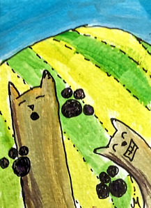Original ACEO Painting Cat Miniature Art Card Fields Landscape By Josh Merritt