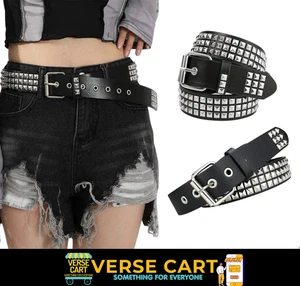 Unisex Leather Belt 3 Row Pyramid Studded Silver Belt Punk Goth Accessories NEW - Picture 1 of 11