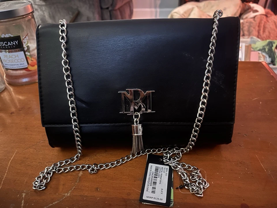 Badgley Mischka Metal Fringe Letter Lock Crossbody Shoulder Bag Purse Black