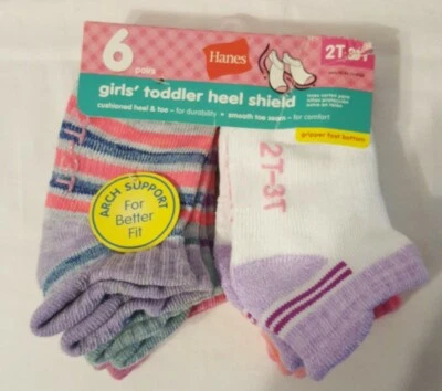 Calcetines protectores de tacón Hanes para niñas pequeñas - 2T-3T - Paquete de 6 - Multicolores - Nuevos con etiquetas Foto 1 de 2