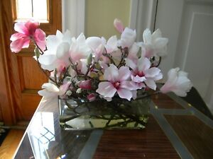 NDI Faux Floral White and Pink Lily Magnolia With Stems in Acrylic Water Vase