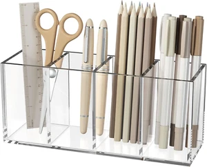 Acrylic Pen Holder 4 Compartments, Clear Pencil Organizer Cup for Countertop Des - Picture 1 of 12