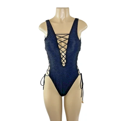 Luli Fama Open Side One Piece Swimsuit Size M Black Lace Up Bodysuit Plunge Swim - Image 1 of 4