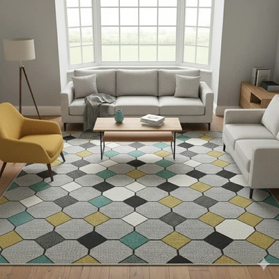 Tapete hexagonal geométrico moderno em cinza, azul-petróleo e mostarda para casas elegantes - Imagem 1 de 3